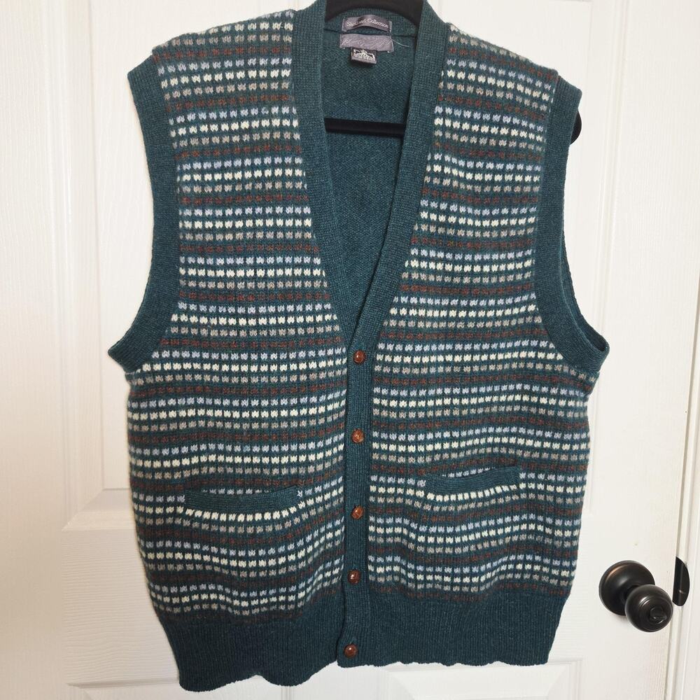 Vintage Shetland Collection Sweater Vest Mens Large Green Fair Isle Wool Knit